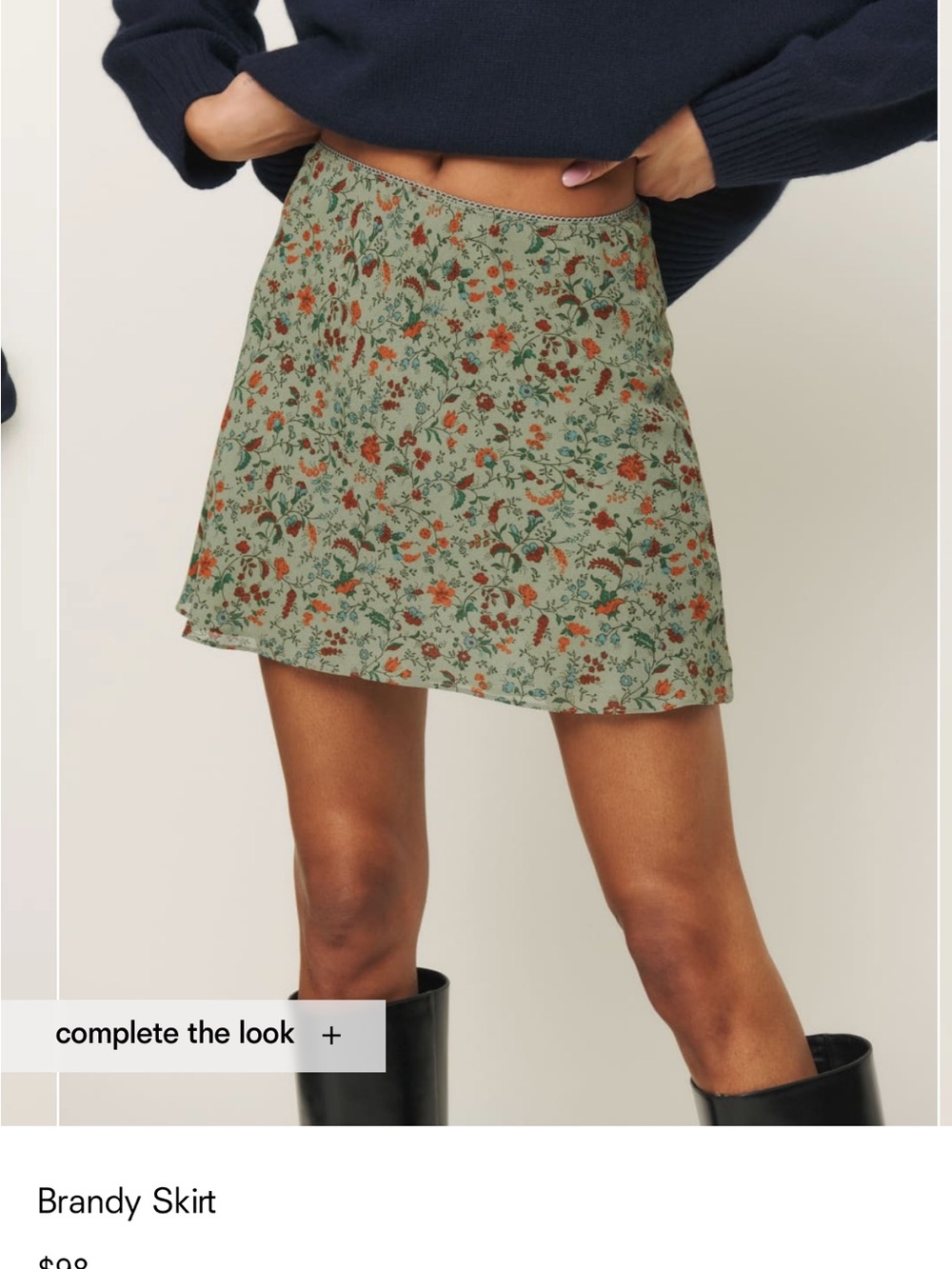 Reformation Sage Green Floral Mini Skirt with Rust Accents